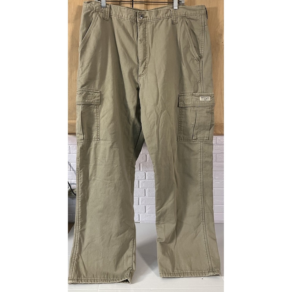 Wrangler Lined Cargo Pants Mens 40x30 Beige Cotton Twill Brown Polyester Fleece‎
